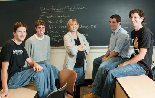 Students in Marina Krcmar's first year seminar study video games from an academic perspective. From left, Thomas Scholberg, Ford St. John, Krcmar, Sal Scifo, and Matt DiDomenico.